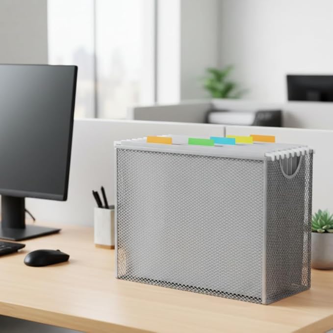Hanging File Organizer, Letter-Size File Holder Filing Box with 5 Hanging Folders, Metal Mesh Desk File Folder Storage(No Assembly Required) (Silver, with 5 Grey Folders)