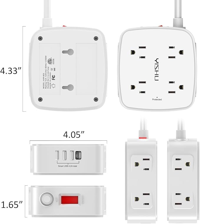 5Ft Surge Protector Power Strip - 8 Widely Outlets with 4 USB Ports, 3 Side Outlet Extender with 5 Feet Extension Cord, Flat Plug, Wall Mount, Desk USB Charging Station, ETL,White