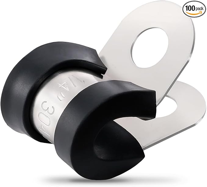 OURU 1/4 Inch Cable Clamps, Rubber Coated Insulated Clamps, 100pcs, 6mm | 304 Stainless Steel, Anti-Vibration, Rust Resistant, Secure Hold, Automotive Wire, Pipe & Tube Mounting, Cable Management