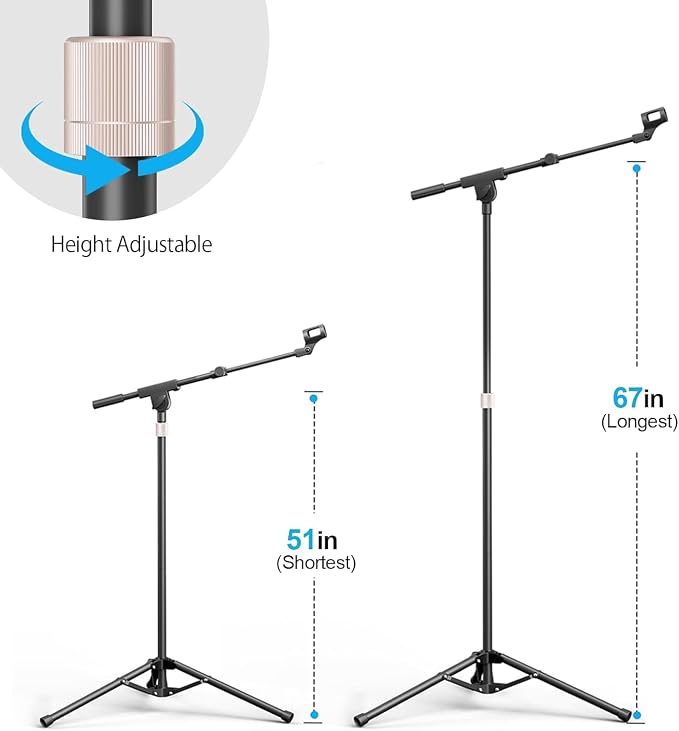 Microphone Stand, 2 Pack Tripod Boom Arm Floor Mic Stand Heavy Duty Height Adjustable with Carrying Bag 2 Mic Clips 3/8" to 5/8" Adapter for Singing Podcast and Stage