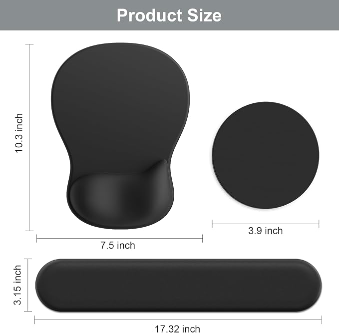 Ergonomic Mouse Pad with Wrist Rest and Keyboard Wrist Rest, Black Mousepad and Wrist Rest for Computer Keyboard, Pain Relief, Non-Slip PU Base, Gel Mouse Pad with Wrist Support for Gaming, Office