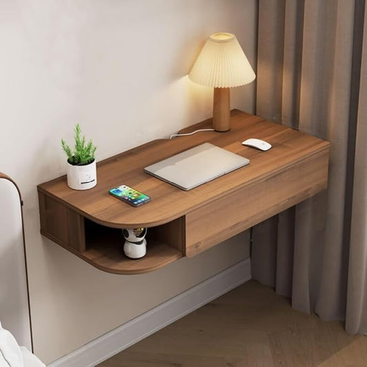 Modern Wall-Mounted Desk, 16.1-Inch Wide Floating Laptop Table, Adult Workstation with Built-In Drawer and Cable Management (Brown 2, L31.5in)
