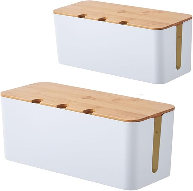 Cable Management Box with Bamboo Lid, Cord Organizer Box to Hide Wires & Power Strips, Extension Cord Power Stripe Surge Protector Wire Concealer Organizer Cover Hider (white-2pcs)