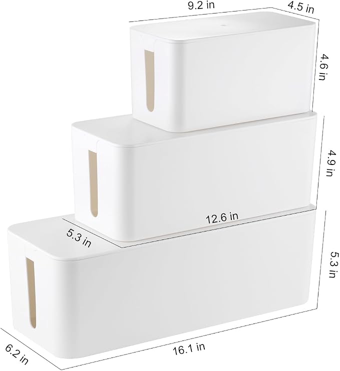 Tuwechen 3 Pack Cable Management Box, Cable Organizer Box to Hide Wires | Desk Cord Organizer with 18-Piece Cable Management, Power Strips Holder, for Home & Office, White