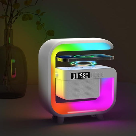 Smart LED Table Lamp, Wireless Charger with 10W Fast Charging and Sunrise Alarm Clock, Bluetooth Speaker Lamp for Bedroom, Office, and Living Room Ambiance