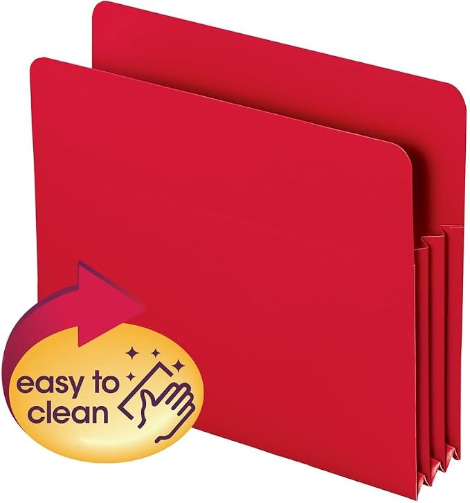 Smead Poly File Pocket, Straight-Cut Tab, 3-1/2" Expansion, Letter Size, Red, Pack of 24