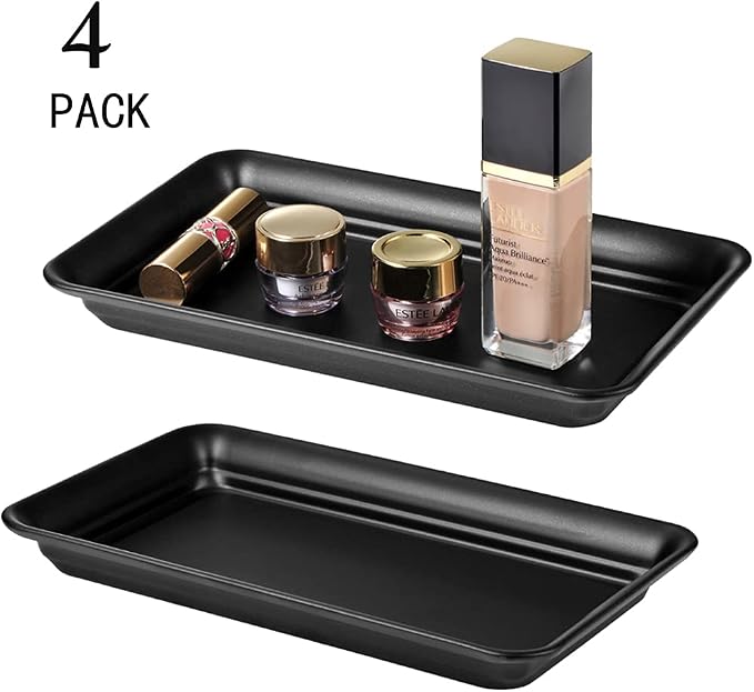 SheeChung Metal Vanity Tray, Bathroom Counter Storage Tray, Black 4 Pack | Sturdy Decorative Tray Holder, Farmhouse Vintage Decor Accessories for Perfume, Cosmetics, Jewelry, Makeup, Guest Hand Towel