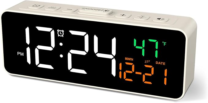 Netzu 3-in-1 Digital Clocks for Living Room, Small & Compact Alarm Clock | Temperature, Date & Time Display, 4 Birghtness, 3 Volumes, Plug-in, for Bedroom, Office