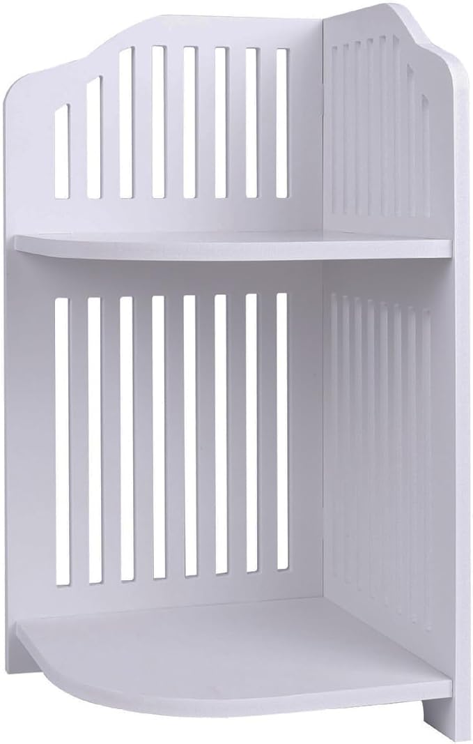 HornTide 2-Tier Corner Shelf, Brief Fashion Organizer Storage Rack, for Cosmetic Doll Potted-Plant Vitamins Supplements Caddy, DIY Desk/Table Decoration, Wood-Plastic Composites, White