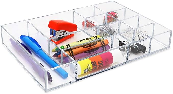 Isaac Jacobs 12-Compartment Clear Acrylic Drawer Organizer - 9.4"x6.4"x1.3" | Drawer Organizer (9.4" L x 6.4" W x 1.3" H), Multi-Sectional Storage Solution for Makeup, Office Supplies, Bathroom, Kitchen