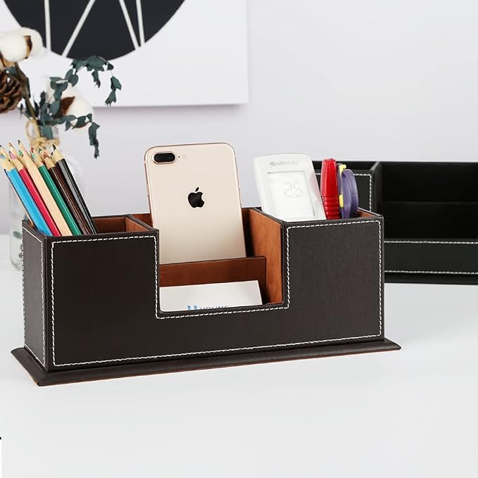 KINGFOM™ Double Holder Wood Leather Multi-Function Desk Stationery Organizer Dark Brown