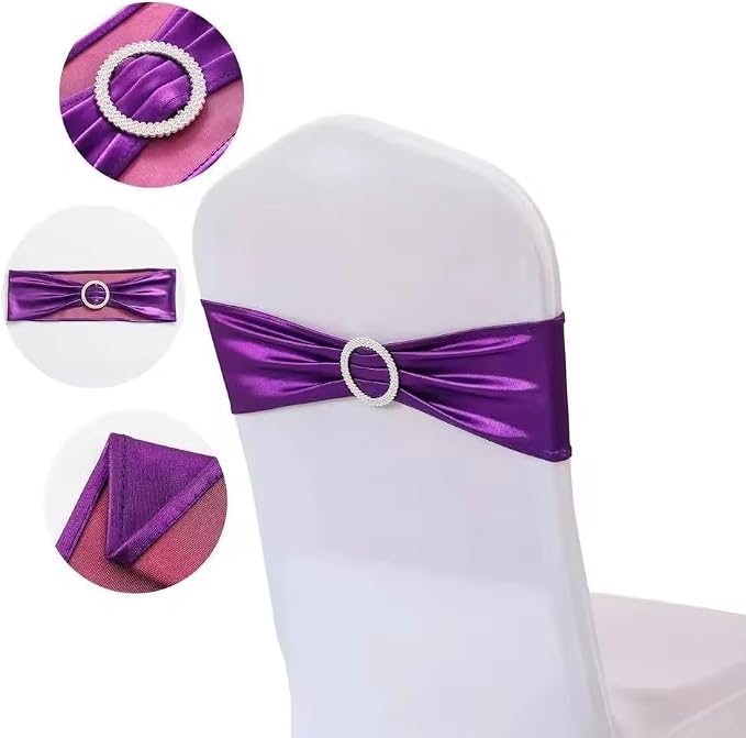Tvoip 10PCS Chair Cover Stretch Band with Buckle Slider Sashes Bow Wedding Banquet Chair Decoration (Metallic Purple)