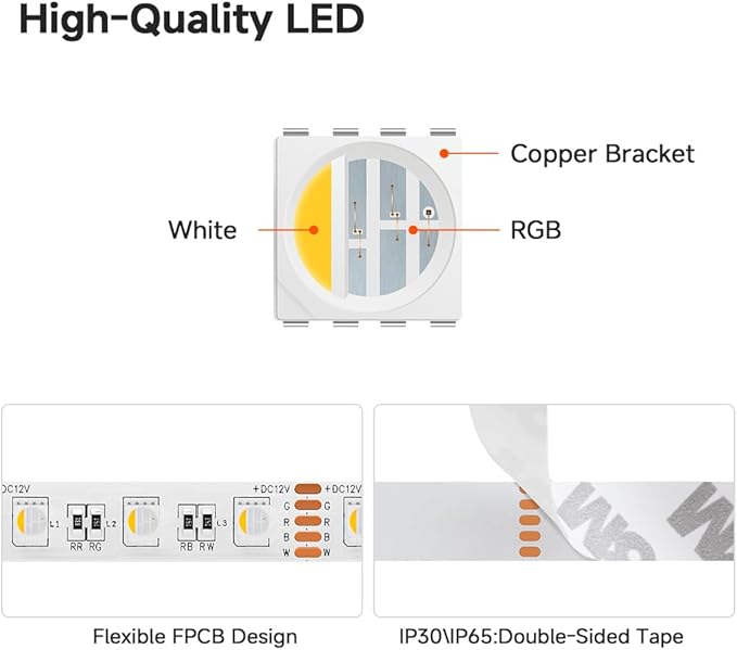 BTF-LIGHTING RGBW LED Strip Lights,UL Listed,5050 4 Colors in 1 RGB + 2700K-3000K Warm White,12V DC,16.4ft/5m 60LEDs/m 12mm White PCB, IP30 for Home Decoration(No Adapter or Controller)
