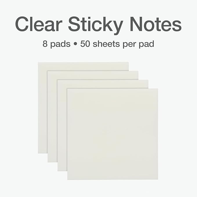 Redi-Tag Translucent Sticky Notes, Transparent Self-Stick Notes, 3" x 3", Transparent Colors, 8 Pads, 50 Notes Per Pad, 400 Sheets (1019169)
