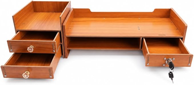 Wood Monitor Stand with Drawer - Tabletop Computer Rack Multi Compartment Home Desk Organizer w/3 Storage Drawers for Office Home Study