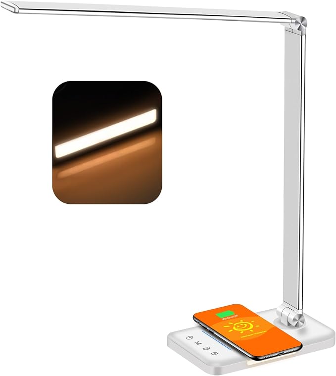 AFROG Multifunctional LED Desk Lamp with Wireless Charger, USB Charging Port, 5 Lighting Modes,5 Brightness Levels, Sensitive Control, 30/62 min Auto Timer, Eye-Caring Office Lamp with Adapter