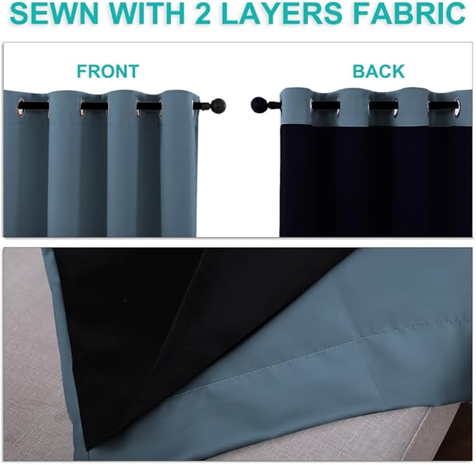 NICETOWN Blackout Curtains 80 inches Long, 2 Pieces, 42" Wide Each Panel, Smoky Blue, Full Light Blocking Drapes with Black Liner for Nursery, Thermal Insulated Draperies for Hall, Villa