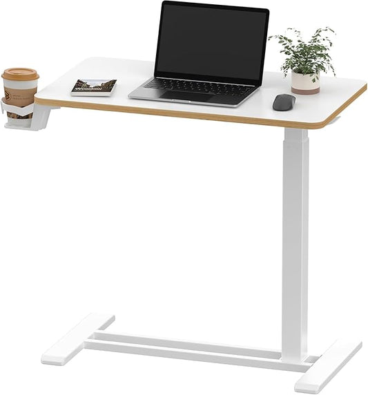 SANODESK 28''Mobile Standing Desk with Hidden Wheels,Pneumatic Laptop Desk | Computer Cart Movable Height Adjustable Table Small Sit Stand Desk for Home Office Hospital Use,27.6" W x 15.7" D,White Maple
