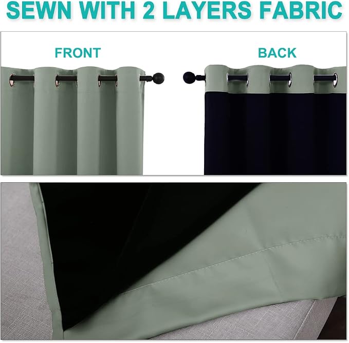 NICETOWN 100% Blackout Window Curtain Panels, Heat and Full Light Blocking Drapes with Black Liner for Nursery, 120" Drop Thermal Insulated Draperies (Greyish Green, 2 Pieces, 52" Wide Each Panel)