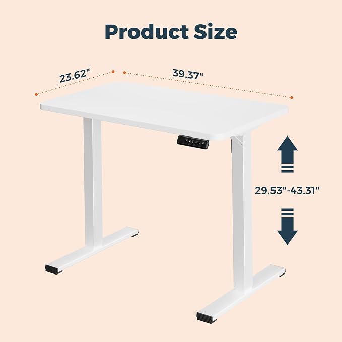 One-Piece Standing Desk 40 x 24 Inches, Small Adjustable Height Desk for Small Space Electric Sit Stand Desks Home Office Computer Workstation, White