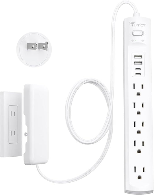 2 Prong Power Strip, NUTICT 2 Prong to 3 Prong Outlet Adapter, Flat Extension Cord with Outlet Cover 10FT, 5-Outlet & 4 USB Ports, 1440J Surge Protector, Wall Mountable, Ideal for Old House, White