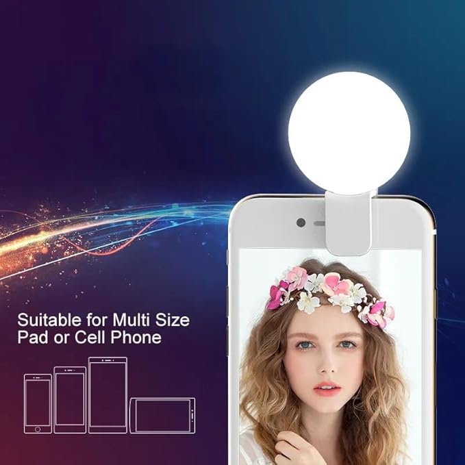 Clip-on LED Selfie Ring Light, Small Pocket-Size, 3 Brightness Levels, Rechargeable, Phone Camera Light, (White)