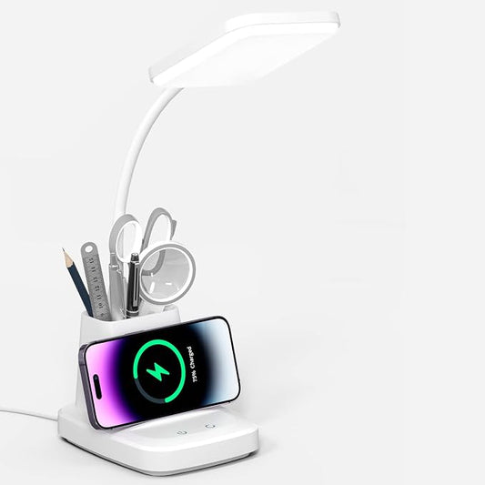 Desk Lamp with Wireless Charger - LED Desk Lamps for Home Office with Pen Holder, 800LM, 3 Color Modes, Flexible Arm, Eye-Caring White Table Lamps for Home College Dorm Room