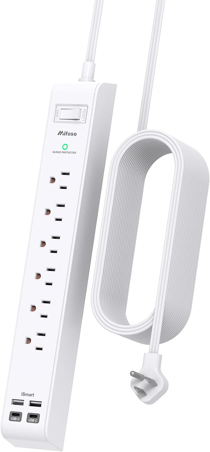 Long Power Strip Flat Plug Extension Cord, 10-in-1 with 6 AC Outlets 4 USB Ports(2 USB-C), Ultra Flat Plug Braided Extension Cord, Wall Mountable, 1080J Surge Protection