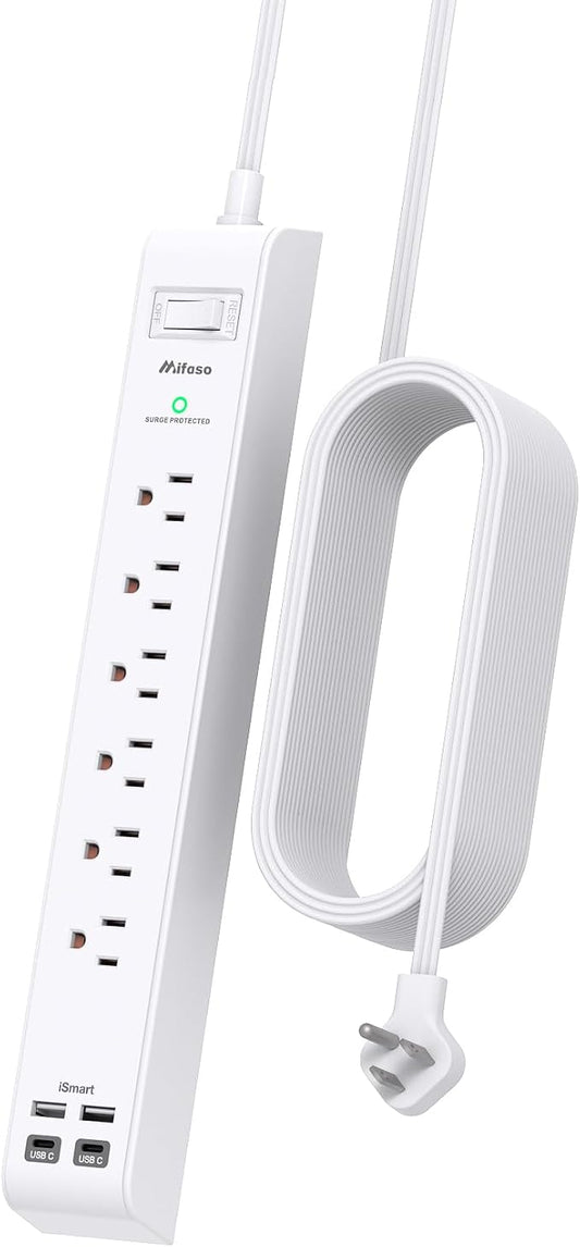 Long Power Strip Flat Plug Extension Cord, 10-in-1 with 6 AC Outlets 4 USB Ports(2 USB-C), Ultra Flat Plug Braided Extension Cord, Wall Mountable, 1080J Surge Protection