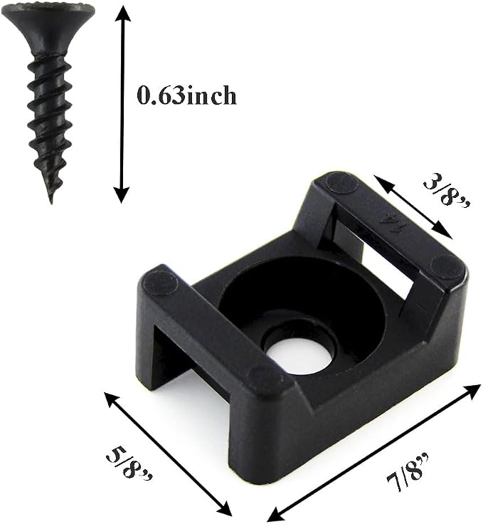 HS Saddle Type Cable Zip Tie Mounts Base Kit with Screw Hole,Set Strong 6 Inch Nylon Cable Ties and Screws Each 100 PCS,Wire Clips Anchor Management Fastener for Baseborad,Wall or Desk,Black