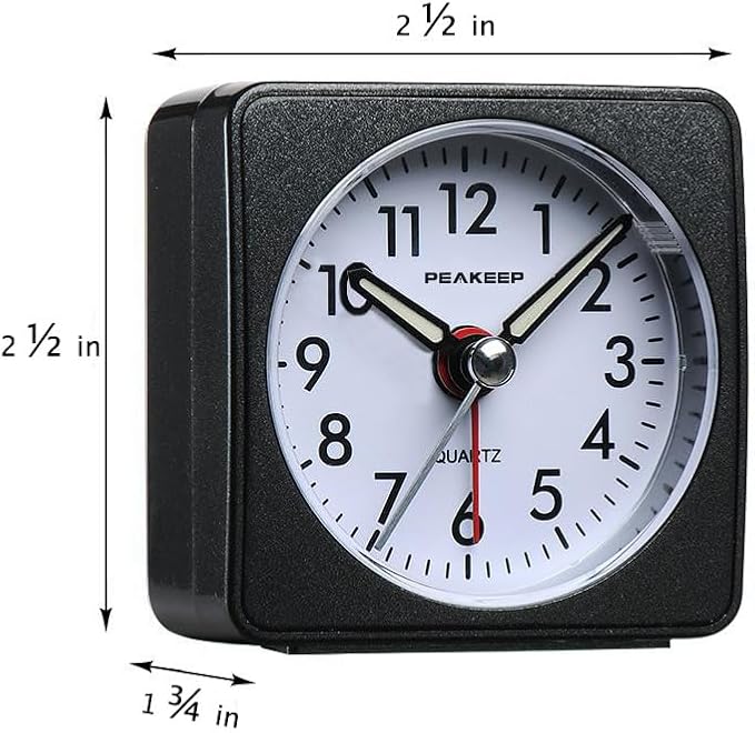 Peakeep Ultra Small, Battery Travel Alarm Clock with Snooze and Light | Silent No Ticking Analog Quartz Clock (Black)