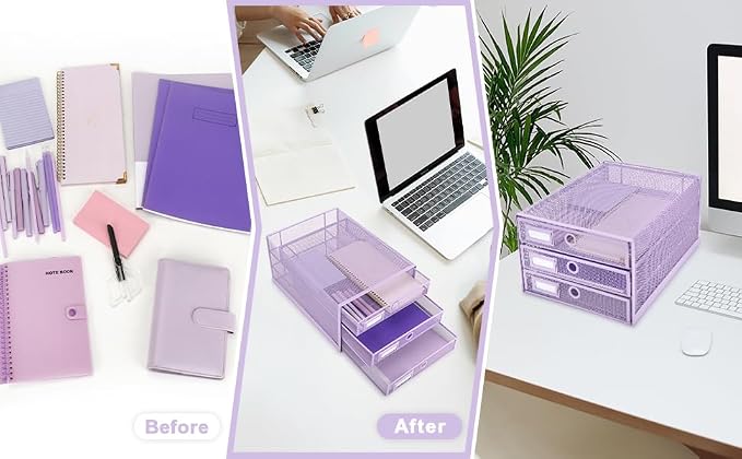 EXERZ Paper Sorter 3 Tier Drawers A4 / Multifunctional Desk Organiser/Letter Tray - Documents, Magazines, Notebooks and Letters - Light Purple | Desk Organiser Pull Out Trays Keep Files Letters Magazines Folders Notebooks Neatly Separated Easy To Reach