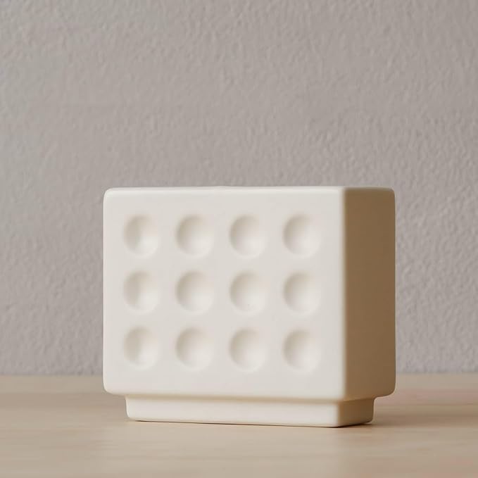 WENSHUO Ceramic Pen Holder,Pen Holder for Desk, Makeup Brush Holder, Crème | Building block-shaped ceramic organizer in Matte Crème, 3.7 x 3.7 x 1.5 in, for pens, makeup brushes and small flowers.