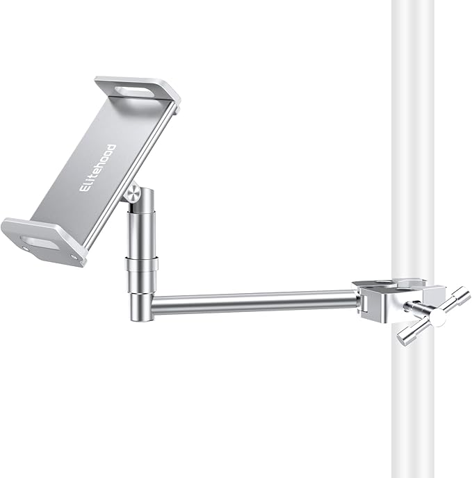 elitehood Aluminum iPad Holder for Mic Stand, Side Mount iPad Music Stand Holder for Microphone, 360° Swivel Tilt Adjustable Mic Tablet Mount for 4-13in iPhone, Cell Phones and Tablets, Sliver