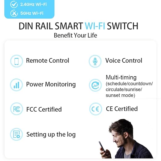 TONGOU DIY 1P+N Smart Wi-Fi Switch, Work with Alexa and Google Assistant for Voice Control, 20A with Energy Monitor, Smart Life/Tuya APP Remote Control, Timer Functions, DIN Rail Mounted,FCC Certified