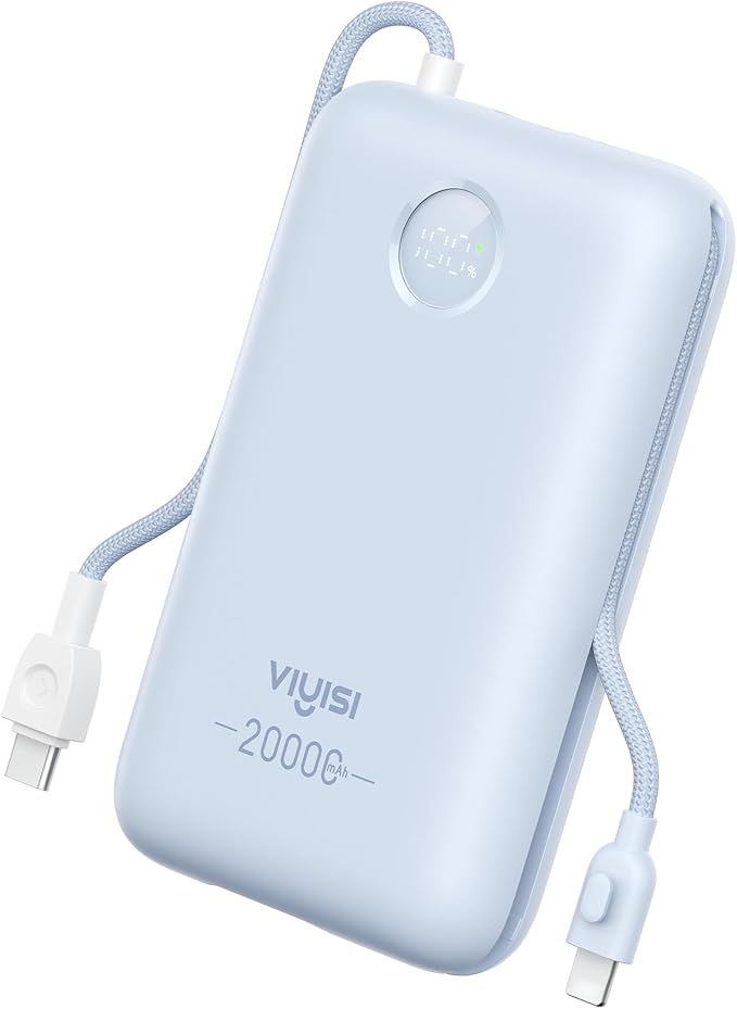 VIYISI Portable Charger 20000mAh 30W Fast Charging, Sky Blue Cute Power Bank with Built-in USB C & Lighting Cables, Compact Aesthetic Battery Pack Compatible with iPhone 17 16 15 Pro Max iPad, iPod