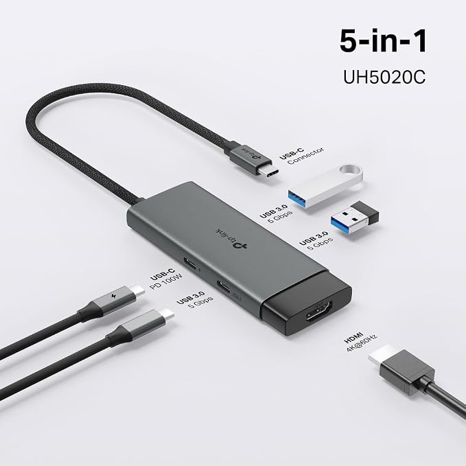 TP-Link USB C Hub 5-in-1 Multiport Adapter (UH5020C) | 4K@60Hz HDMI, 100W Power Delivery, 1×USB-C, 2× USB-A Data Ports | 5Gbps High-Speed Dongle | Compatible w/MacBook and More | Plug and Play