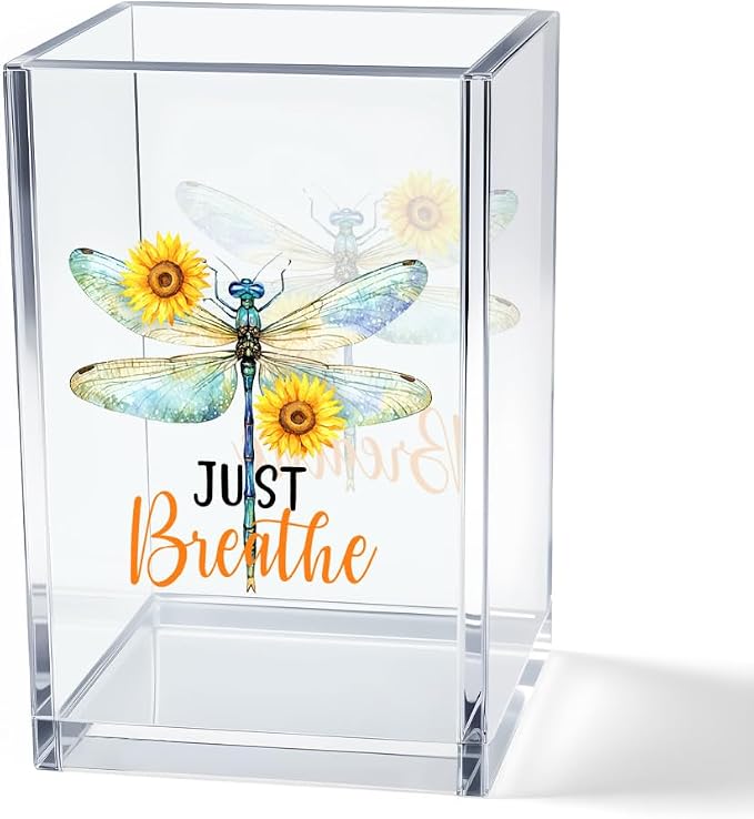 Just Breathe Acrylic Cosmetic Pencil Pen Holder Cup, Inspirational Dragonfly Desk Organizer Accessories for Home Office Decor, Motivational Encouragement Gifts for Women Girl Coworker Teacher