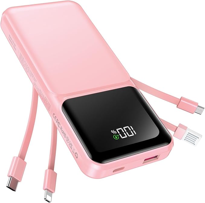 RONEGN Portable Charger with Built in Cable -20000mAh Fast Charging Power Bank USB C Slim 22.5W LED Display Battery Pack 5 Outputs & 3 Inputs for Travel Essentials iPhone Samsung Phones Pink