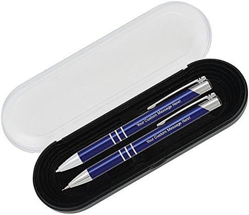 5 Personalized Engraved Classic Metal Ballpoint Pen & Mechanical Pencil Gift Set. Includes Case - Sapphire Blue Color with Silver Accents. Black Ink.