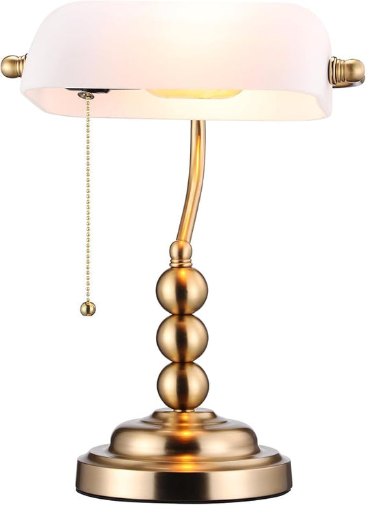 TORCHSTAR Ivory White Glass Bankers Desk Lamp with Pull Chain, E26 Base | Retro Weighted Base, Antique Traditional Library Lamp for Office Study Room, Bulbs not Included