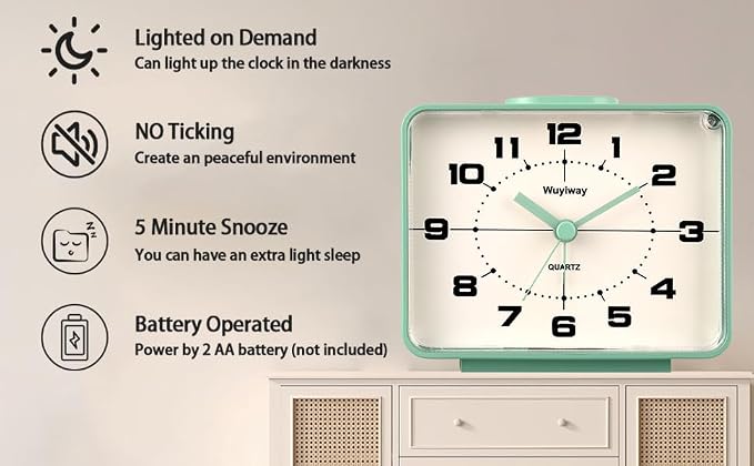 Retro Analog Alarm Clock,Battery Operated,4" Vintage Decor for Bedroom, Nightstand, Bedside, Desk, Table,Silent,Lighted on Demand and Snooze,Ascending Beep Sounds,Easy to Set(Green)