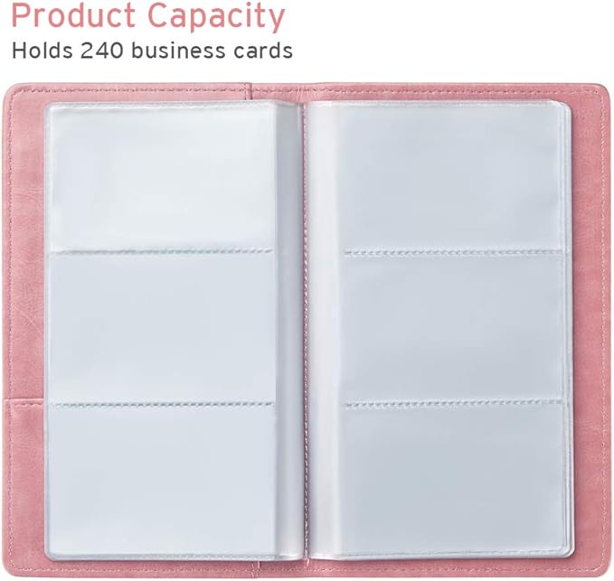 Sooez Leather Professional Business Card Book Holder Organizer, 240 Capacity Credit Card Booklet, PU Name Cards Holder Storage File for Men Women, 7.7"x 4.5" x 0.7", Pink