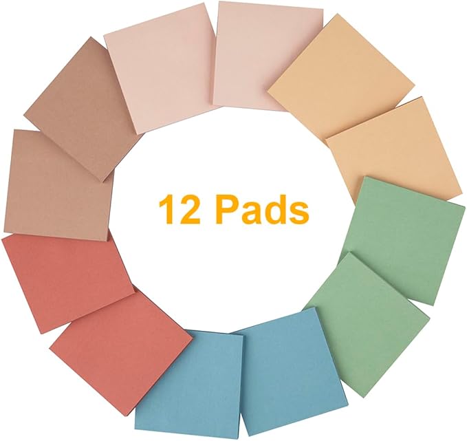 (12 Pads) Sticky Notes 3x3 inch, Self-Stick Pads Vintage Colors Sticky Note, Recyclable, Easy to Post for Home, Office, Notebook