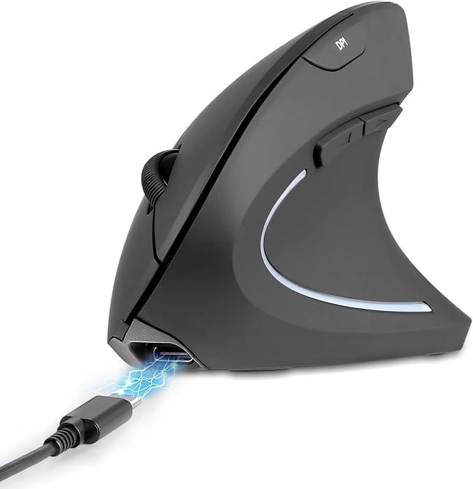 Perixx PERIMICE-713R Wireless Rechargeable Vertical Mouse - Duo Wired and Wireless Charging Feature - 6 Buttons Design - Black - Right-Handed Design