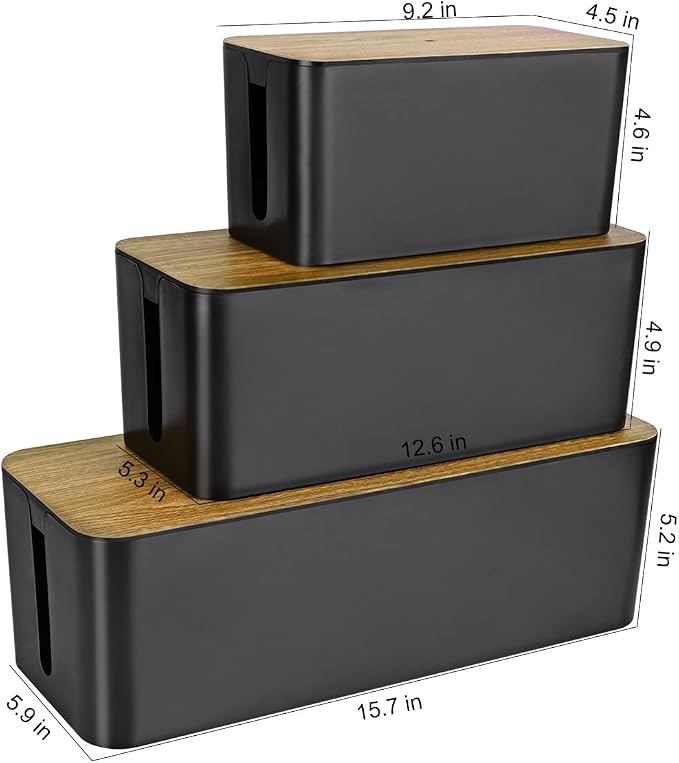 Tuwechen 3 Pack Cable Management Box, Cable Organizer Box to Hide Wires | Wooden Grain Desk Cord Organizer with 18-Piece Cable Management, Power Strips Holder, for Home & Office, Black