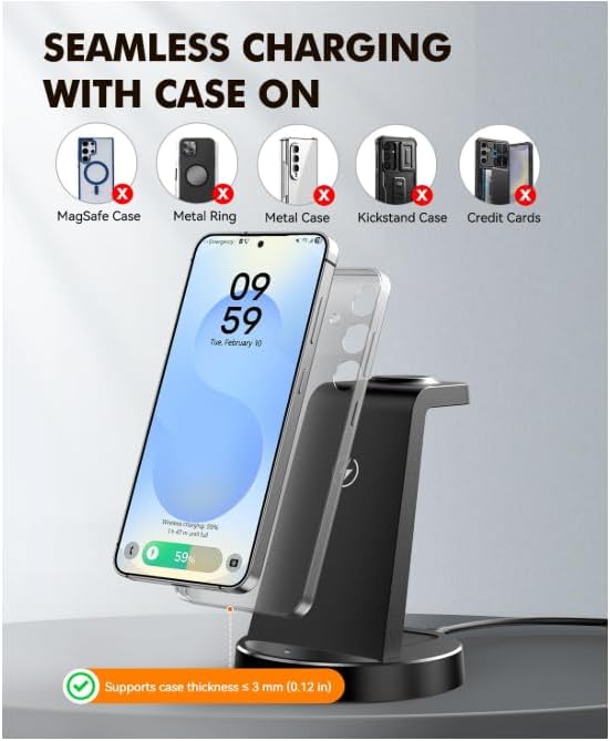 Wireless Charger for Samsung: 3 in 1 Charging Station for Samsung S26/S25/S24/S23/S22/S21, Note 20/10, Z Fold 6/5, Galaxy Buds 4/3/2 Pro, Galaxy Watch Ultra/8/7/6/5-Android & iPhone 15W Charging Dock