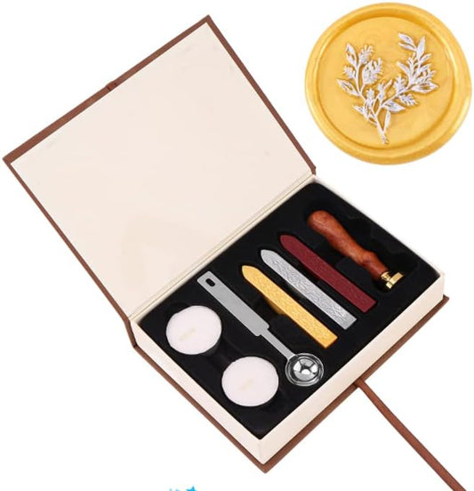 Yoption Wax Seal Stamp Kit, Eucalyptus Sealing Stamp with Gold Red Silver Sealing Wax Sticks Gift Box Set for Invitations, Cards, Letters, Gift Idea