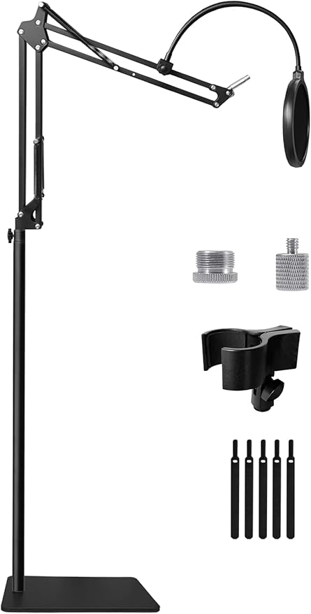 Mic Stand Floor Boom Arm with 6.6lbs Weighted Base for Blue Yeti, Nano, Snowball, HyperX QuadCast, SM7B MV7, Fifine K688 and More Mic, Floor Microphone Stand with 3/8" to 5/8" 1/4" Screw, Pop Filter