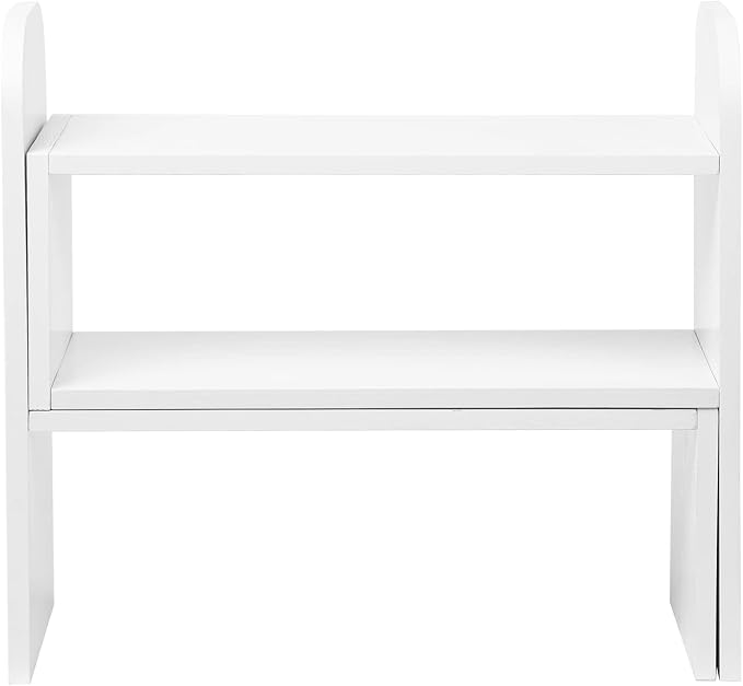 Desktop Adjustable Natural Wood Book Shelf Organizer Office Storage Rack Display Stand Caddy Set Expandable Desk Organizer (White)